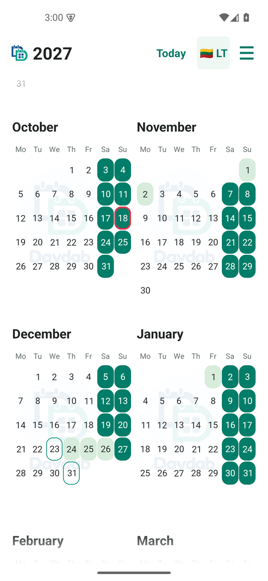 Daydab calendar overview: Lithuania, English interface